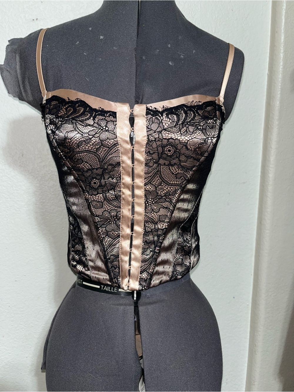 Guess Black Lace Bustier with Champagne Satin Trim